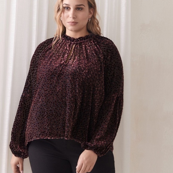 Nwot Addition Elle Balloon-Sleeve Burnout Velvet Top - Winetasting - Size XL - Picture 1 of 9